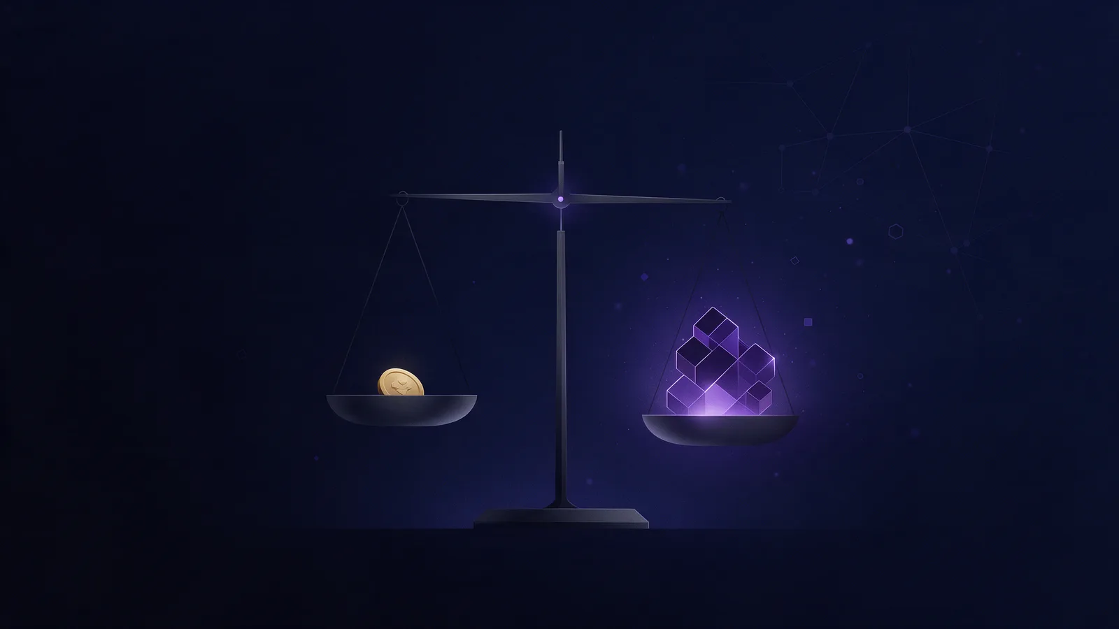 Ilustração abstrata de uma balança pesando uma moeda contra uma estrutura geométrica conectada